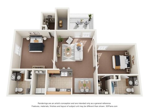 A 3D floor plan of a house with a kitchen, living room, and bathrooms.